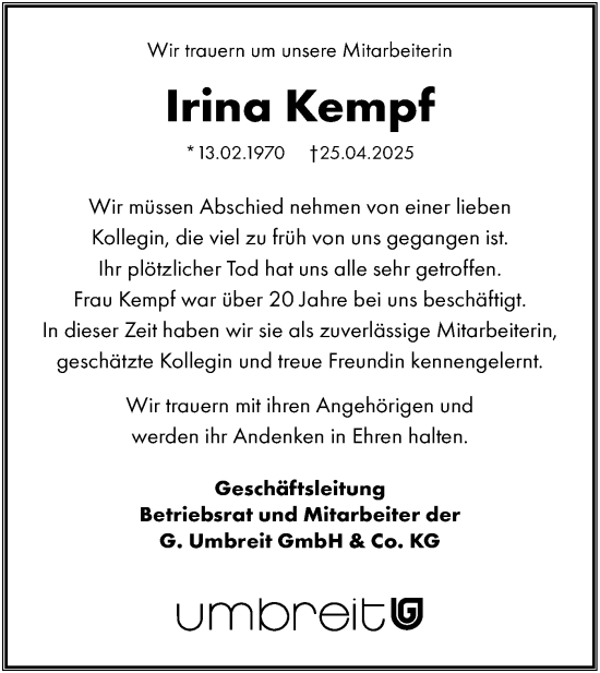 Traueranzeige von Irina Kempf von Bietigheimer Zeitung