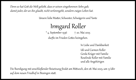 Traueranzeige von Irmgard Roller von Bietigheimer Zeitung