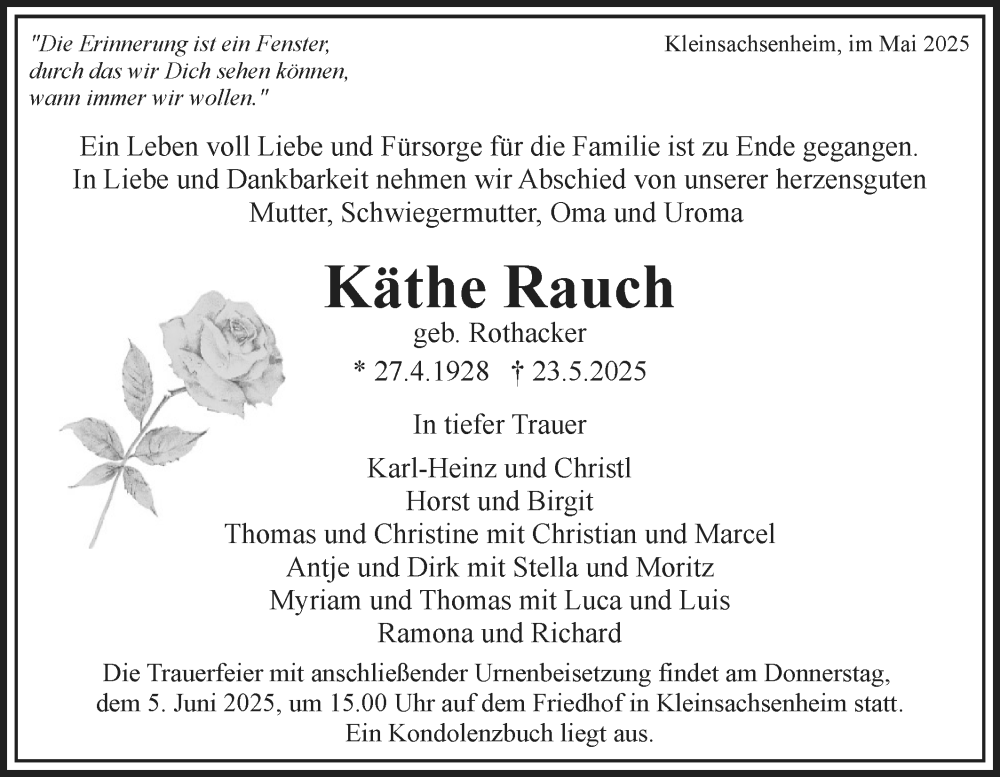  Traueranzeige für Käthe Rauch vom 31.05.2025 aus Bietigheimer Zeitung