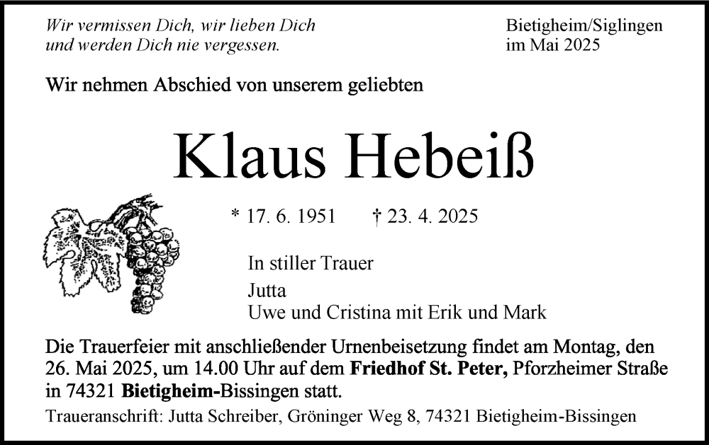  Traueranzeige für Klaus Hebeiß vom 21.05.2025 aus Bietigheimer Zeitung