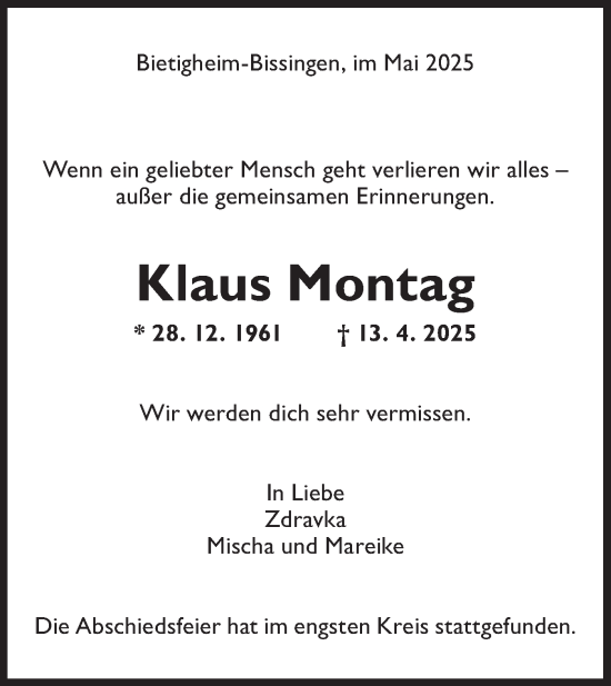 Traueranzeige von Klaus Montag von Bietigheimer Zeitung