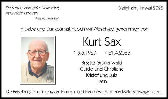 Traueranzeige von Kurt Sax von Bietigheimer Zeitung