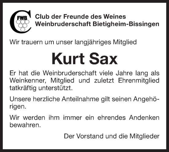 Traueranzeige von Kurt Sax von Bietigheimer Zeitung