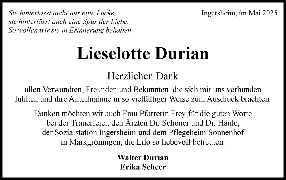  Traueranzeige für Lieselotte Durian vom 23.05.2025 aus Bietigheimer Zeitung