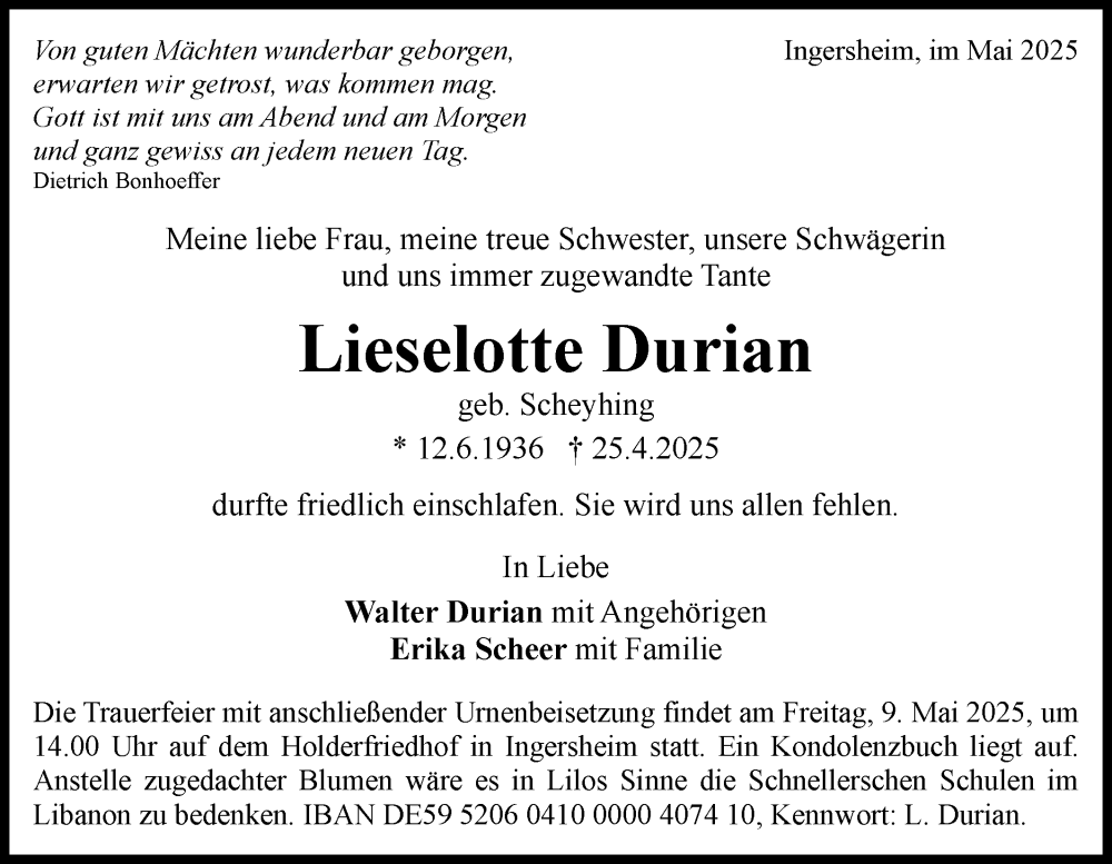  Traueranzeige für Lieselotte Durian vom 05.05.2025 aus Bietigheimer Zeitung