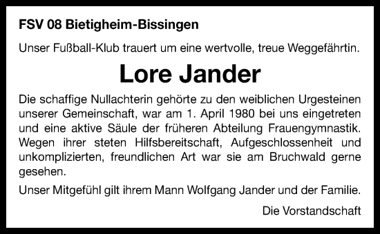 Traueranzeige von Lore Jander von Bietigheimer Zeitung