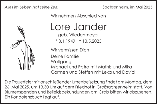 Traueranzeige von Lore Jander von Bietigheimer Zeitung