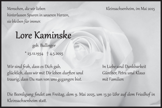 Traueranzeige von Lore Kaminske von Bietigheimer Zeitung