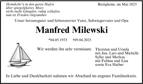 Traueranzeige von Manfred Milewski von Bietigheimer Zeitung