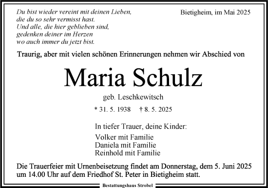 Traueranzeige von Maria Schulz von Bietigheimer Zeitung