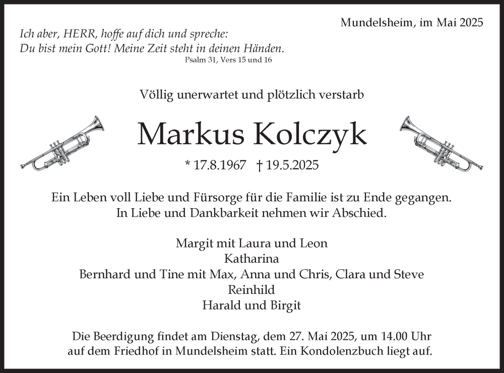  Traueranzeige für Markus Kolczyk vom 24.05.2025 aus Bietigheimer Zeitung