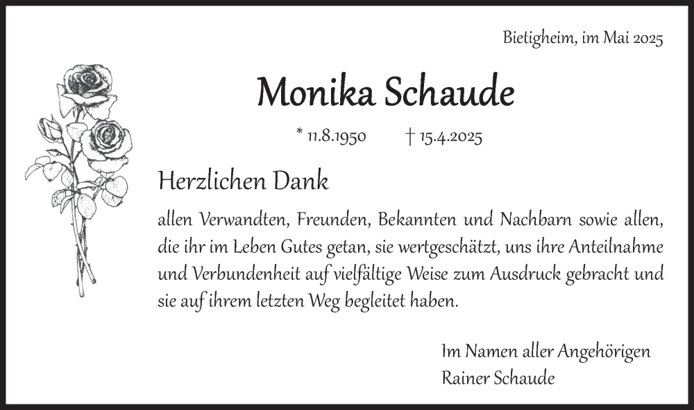  Traueranzeige für Monika Schaude vom 17.05.2025 aus Bietigheimer Zeitung