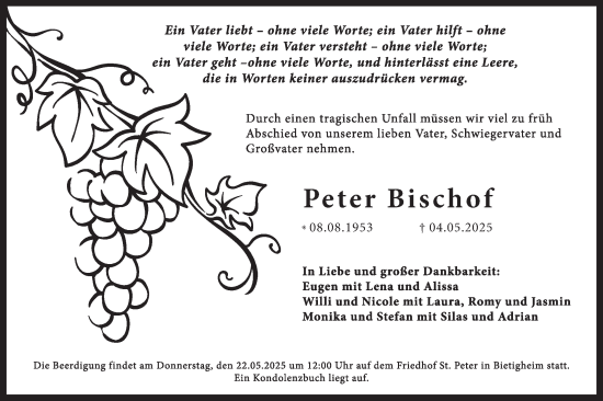 Traueranzeige von Peter Bischof von Bietigheimer Zeitung