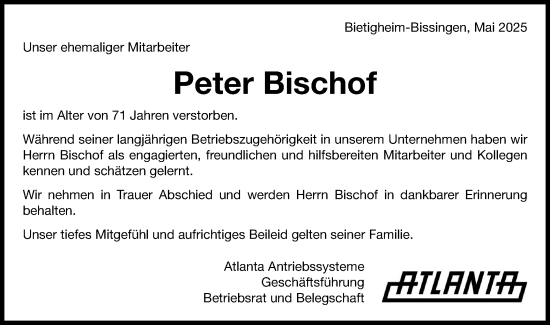 Traueranzeige von Peter Bischof von Bietigheimer Zeitung