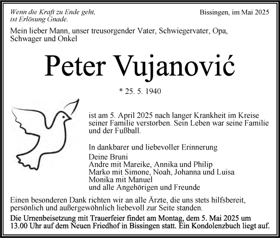 Traueranzeige von Peter Vujanovic von Bietigheimer Zeitung