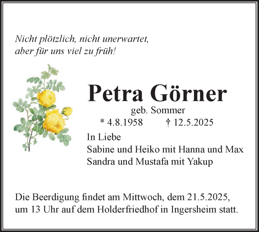  Traueranzeige für Petra Görner vom 17.05.2025 aus Bietigheimer Zeitung