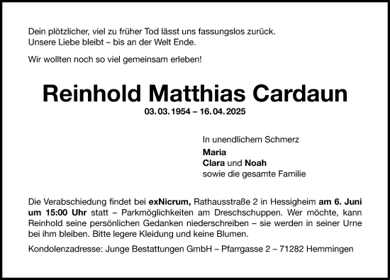 Traueranzeige von Reinhold Matthias Cardaun von Bietigheimer Zeitung