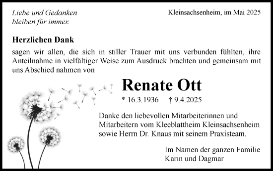 Traueranzeige von Renate Ott von Bietigheimer Zeitung