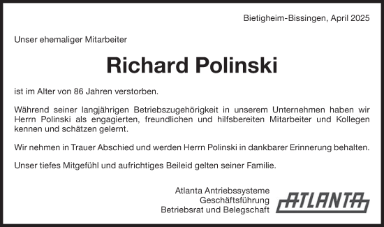 Traueranzeige von Richard Polinski von Bietigheimer Zeitung