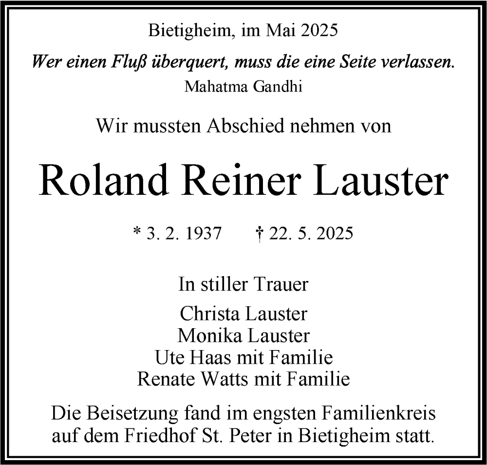  Traueranzeige für Roland Reiner Lauster vom 31.05.2025 aus Bietigheimer Zeitung