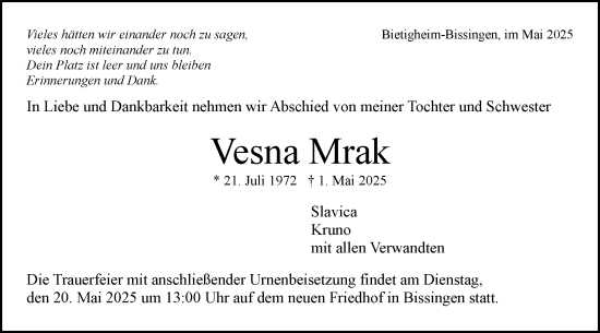 Traueranzeige von Vesna Mrak von Bietigheimer Zeitung