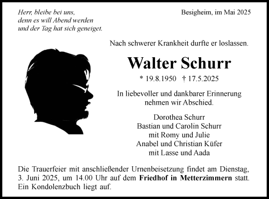 Traueranzeige von Walter Schurr von Bietigheimer Zeitung