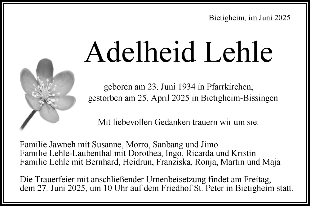  Traueranzeige für Adelheid Lehle vom 21.06.2025 aus Bietigheimer Zeitung