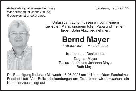 Traueranzeige von Bernd Mayer von Bietigheimer Zeitung