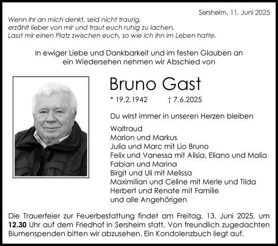 Traueranzeige von Bruno Gast von Bietigheimer Zeitung