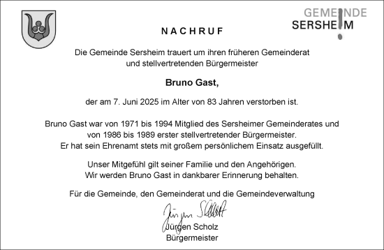 Traueranzeige von Bruno Gast von Bietigheimer Zeitung
