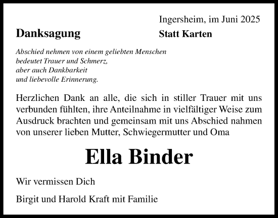 Traueranzeige von Ella Binder von Bietigheimer Zeitung