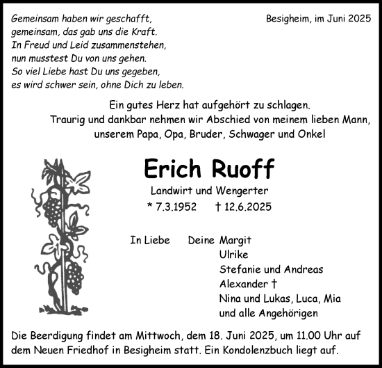 Traueranzeige von Erich Ruoff von Bietigheimer Zeitung