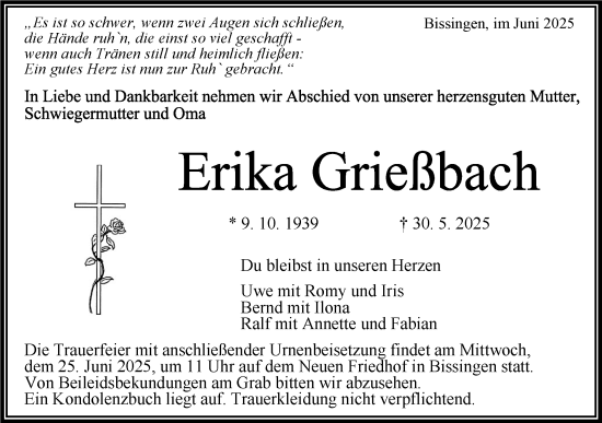 Traueranzeige von Erika Grießbach von Bietigheimer Zeitung
