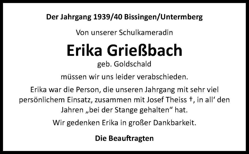 Traueranzeige für Erika Grießbach vom 25.06.2025 aus Bietigheimer Zeitung