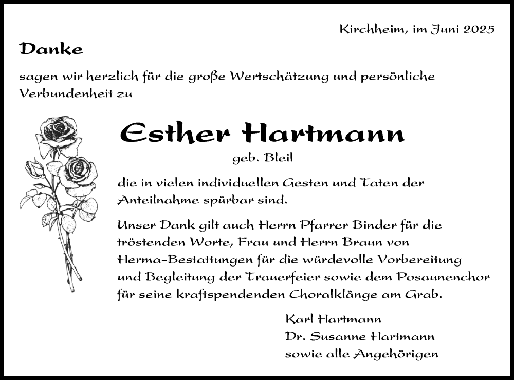  Traueranzeige für Esther Hartmann vom 26.06.2025 aus Bietigheimer Zeitung
