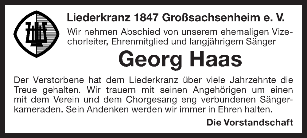  Traueranzeige für Georg Haas vom 18.03.2025 aus Bietigheimer Zeitung