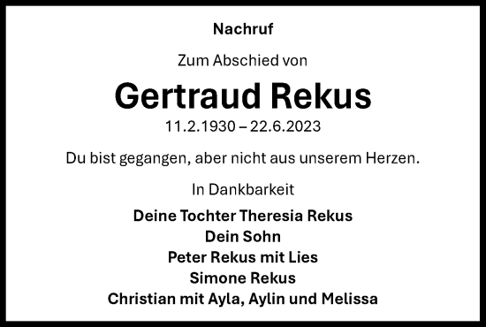 Traueranzeige von Gertraud Rekus von Bietigheimer Zeitung