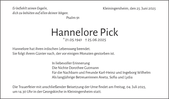 Traueranzeige von Hannelore Pick von Bietigheimer Zeitung