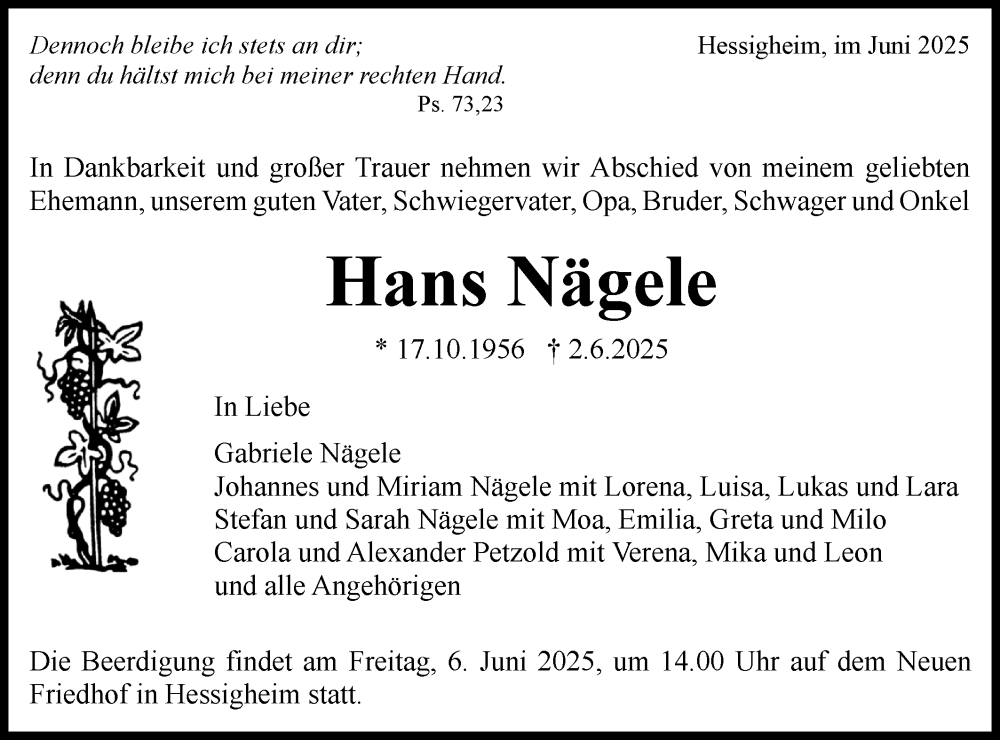  Traueranzeige für Hans Nägele vom 04.06.2025 aus Bietigheimer Zeitung