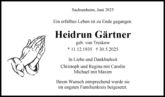 Traueranzeige von Heidrun Gärtner von Bietigheimer Zeitung