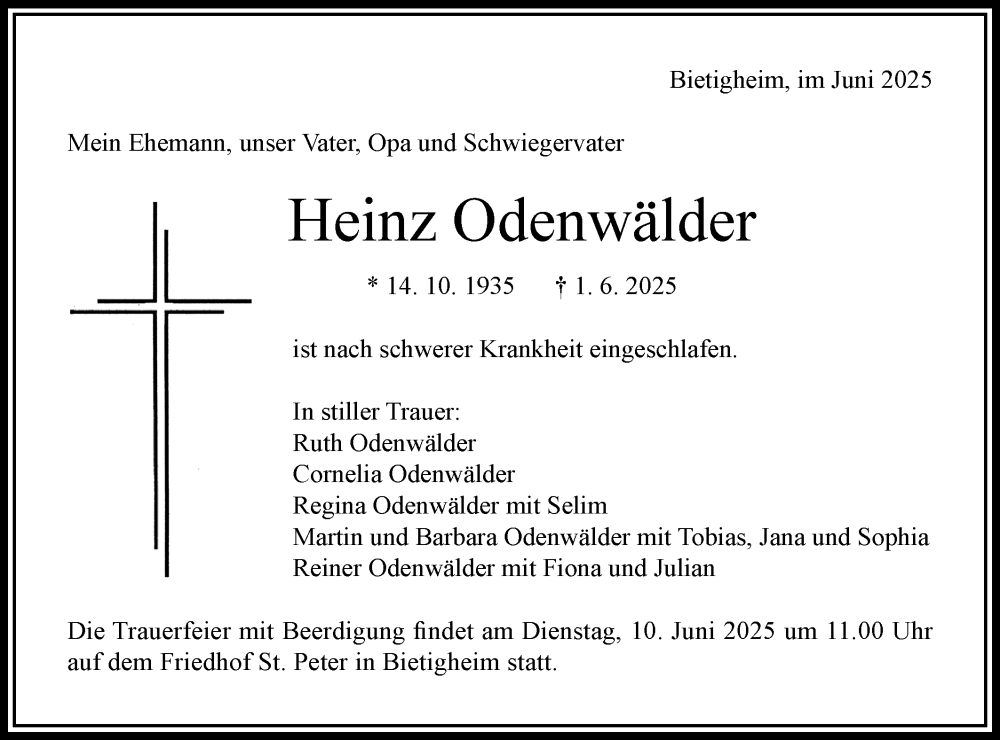  Traueranzeige für Heinz Odenwälder vom 07.06.2025 aus Bietigheimer Zeitung