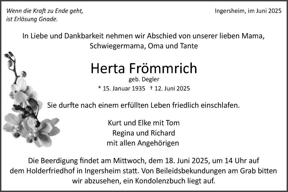  Traueranzeige für Herta Frömmrich vom 14.06.2025 aus Bietigheimer Zeitung