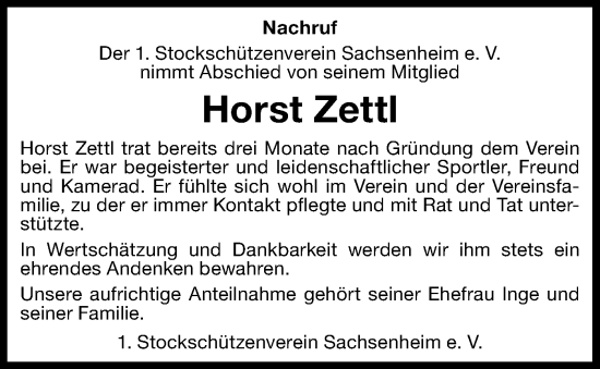 Traueranzeige von Horst Zettl von Bietigheimer Zeitung