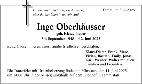 Traueranzeige von Inge Oberhäusser von Bietigheimer Zeitung