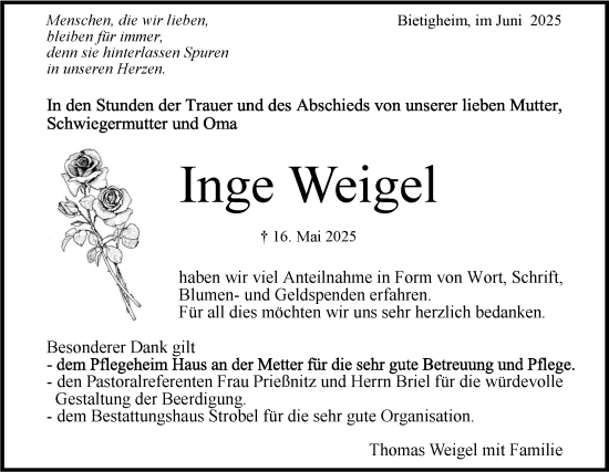 Traueranzeige von Inge Weigel von Bietigheimer Zeitung