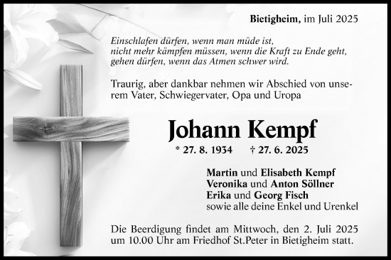 Traueranzeige von Johann Kempf von Bietigheimer Zeitung