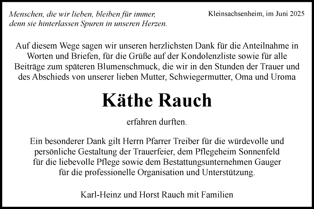  Traueranzeige für Käthe Rauch vom 21.06.2025 aus Bietigheimer Zeitung