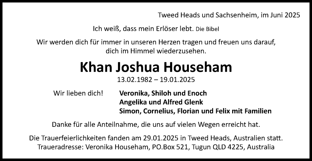  Traueranzeige für Khan Joshua Househam vom 07.06.2025 aus Bietigheimer Zeitung