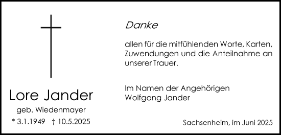 Traueranzeige von Lore Jander von Bietigheimer Zeitung