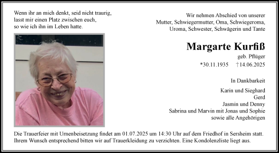Traueranzeige von Margarete Kurfiß von Bietigheimer Zeitung